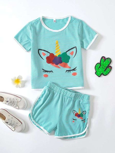 

toddler girls cartoon & striped tee & shorts she02, White