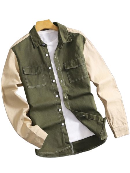 

men dual pocket colorblock denim shirt without tee b0lz#, White;black