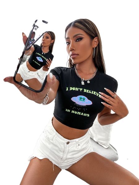 

slogan & alien print crop tee n1lu#, White