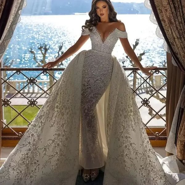 2022 grânulos árabes sereia vestido de casamento com trem destacável fora do ombro manga curta vestidos nupciais 3d laço apliques noiva vestes de mariée