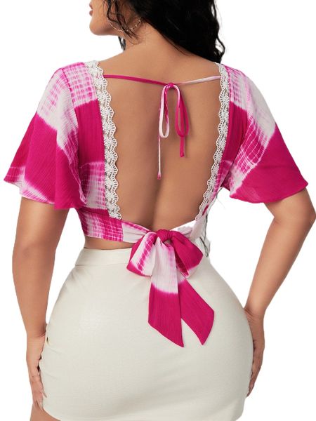 

tie dye backless knot flutter sleeve guipure lace detail blouse z59t#, White