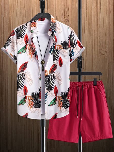 

men tropical print pocket patched shirt & drawstring waist shorts without tee g4dt#, Gray