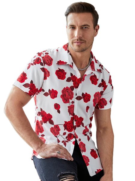 

men random floral print shirt 14st#, White;black