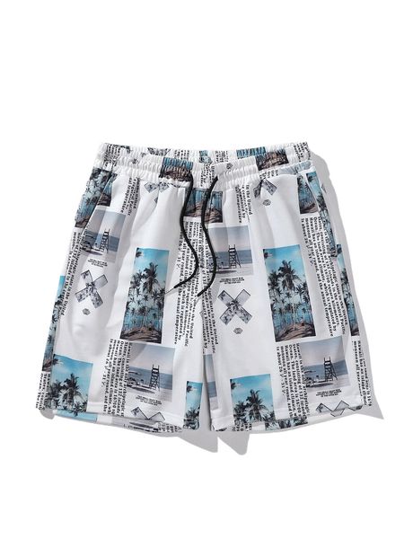 

men random coconut tree & slogan graphic drawstring waist shorts z4cl#, White;black