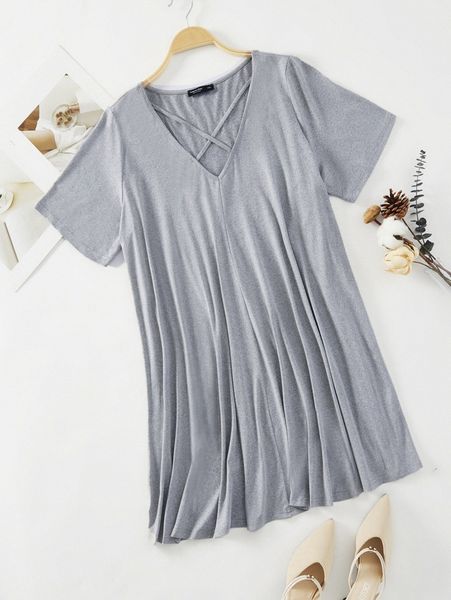 

plus crisscross front solid tee o8dl#, Black