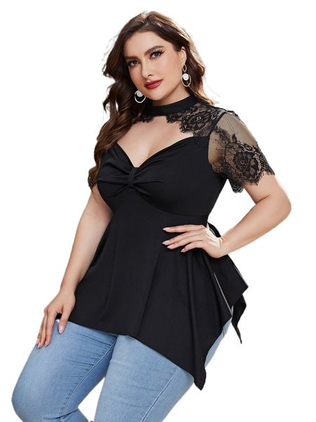 

plus choker neck lace insert asymmetrical hem peplum blouse r2ld#, Black