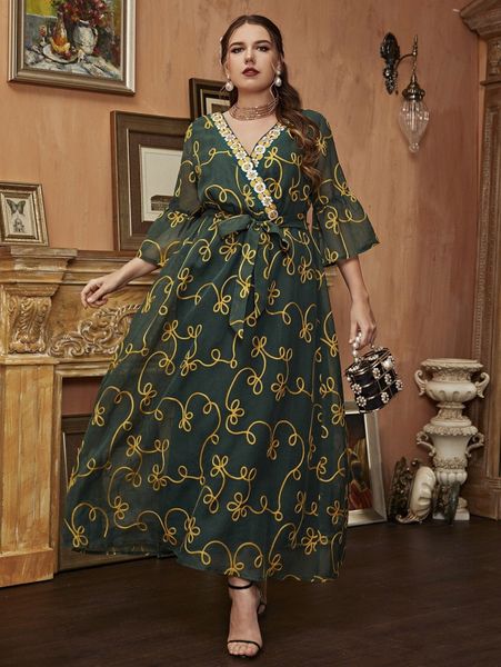 

plus allover print surplice belted dress o5i4#, Black