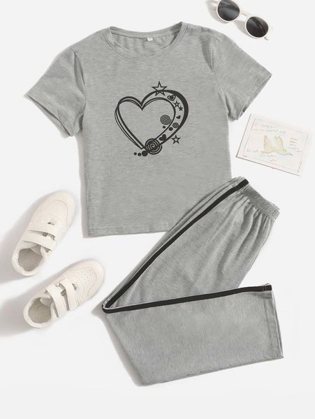 

girls heart print tee & side stripe pants she, White