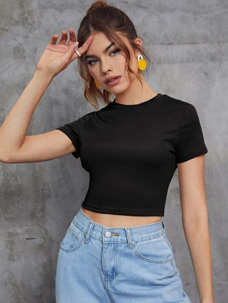 

solid ribbed knit crop tee m9x9#, White