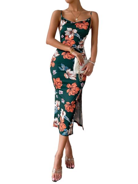

floral print backless split thigh cami dress w3pb#, Black;gray