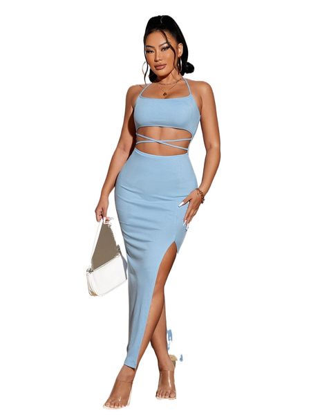 

sxy cut out crisscross front halter neck slit thigh bodycon dress f3lb#, Black;gray