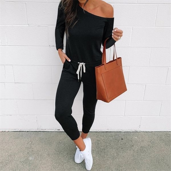 

off shouler red jumpsuit long rompers womens jumpsuit black laceup long sleeve overalls for women jumpsuit female t200509, Black;white