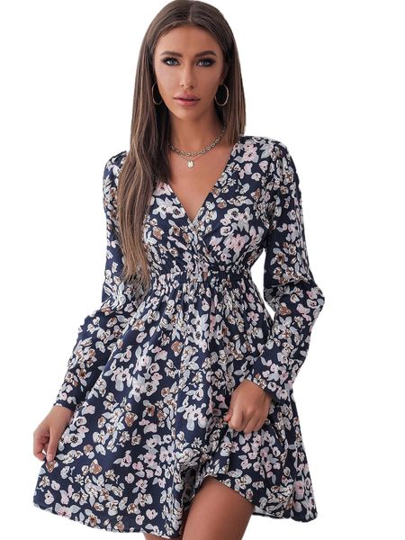 

floral print surplice neck elastic waist dress 91xf#, Black;gray