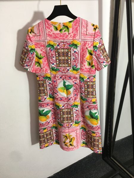 

heavy beaded lemon print crew neck short sleeve dress, Black;gray