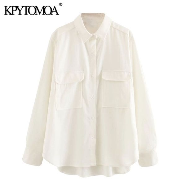 

kpytomoa women fashion pockets loose blouses vintage lapel collar long sleeve side vents female shirts blusas chic 210401, White
