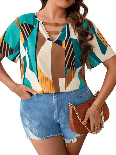 

plus geo print keyhole neck blouse h05y#, Black