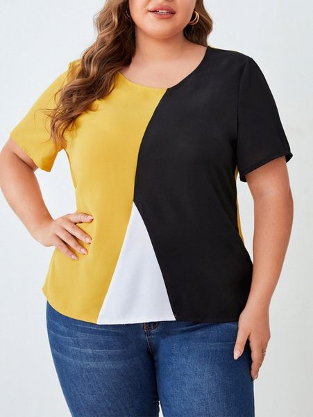 

emery rose plus colorblock round neck blouse j83z#, Black