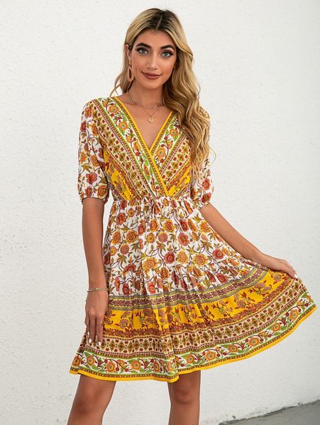 

v neck floral print wrap ruffle hem dress 38ro#, Black;gray