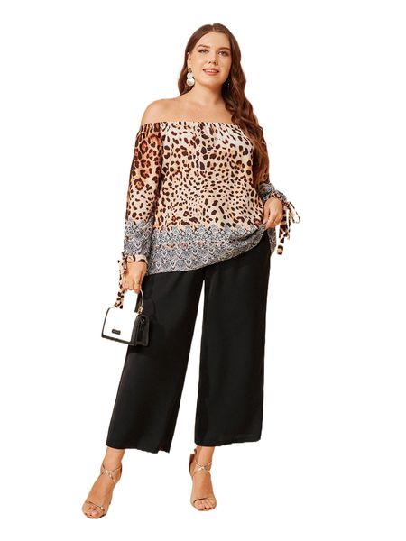 

plus leopard print tie cuff blouse & pants t5yt#, Black