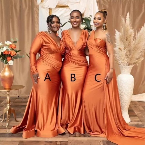 Afrikanische Plus Size Brautjungfernkleider in gebranntem Orange, Meerjungfrau, Nigeria, Mädchen, Sommer-Hochzeitsgastkleid, sexy V-Ausschnitt, lange Trauzeugin 184F