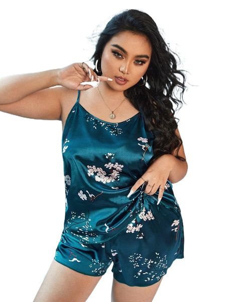 

plus floral print satin cami pj set j4cy#, Black;white