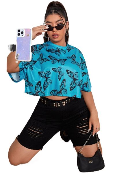

plus drop shoulder allover butterfly print tee 79of#, Black