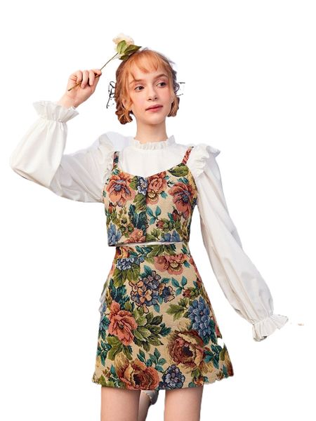 

teen girls flounce sleeve blouse & jacquard cami & skirt set j5gu#, Black;white
