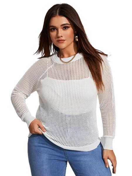 

plus raglan sleeve pointelle knit sweater without tube l7dx#, Black