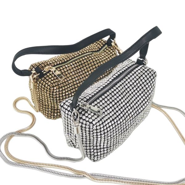 

bright diamond metal zipper handbag for women mini tote chain shoulder bags female messenger bags 220620