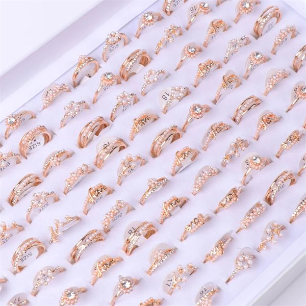 

fashion simple rhinestone pearl rings jewelry for women rose gold color mix style wedding party gifts wholesale 50pcs/lot, Golden;silver