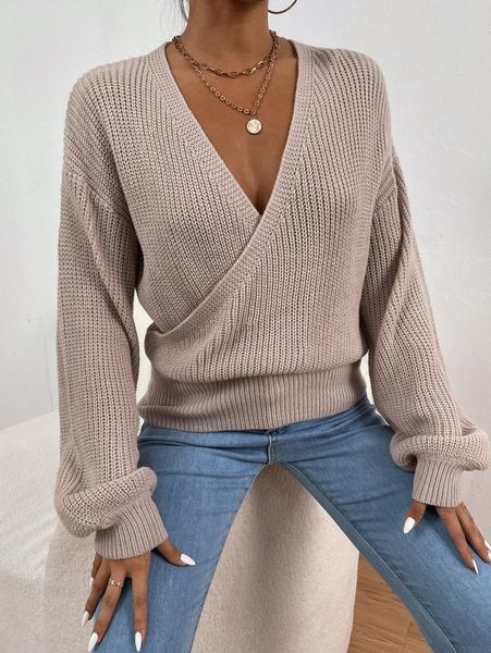 

drop shoulder cross wrap ribbed knit sweater l8eg#, White;black