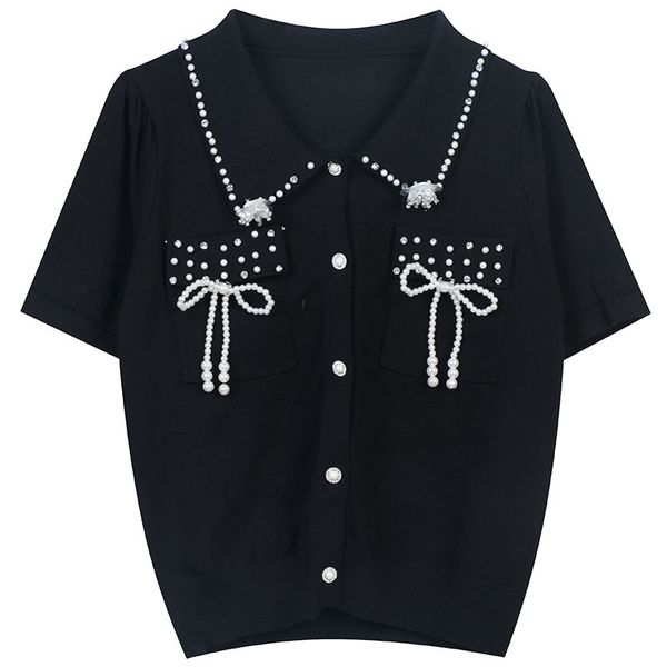 

518 2022 summer kint short sleeve lapel neck brand same style sweater white black beads pullover luxury womens clothes mingmei