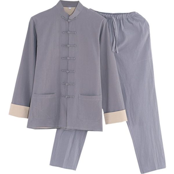 Tute da uomo Primavera Autunno Maschile di alta qualità Cottonline Tang Suit Outfit Tai Chi Abbigliamento Hanfu Costumi di arti marziali Blu / gra