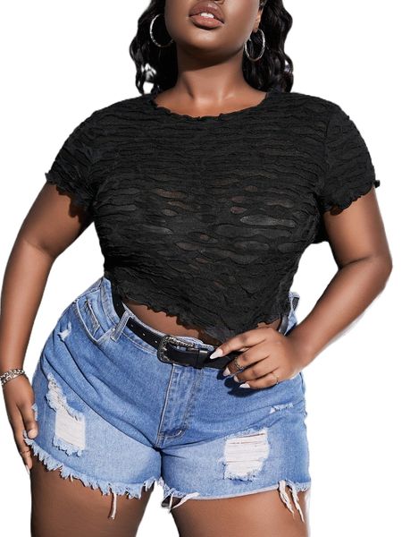 

sxy plus textured lettuce trim crop tee u2cs#, Black