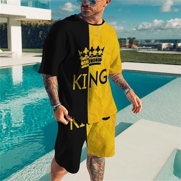 

men's t-shirt shorts 2piece set king printed 3d vintage beach shorts suit summer breathable outfits short-sleeve male tracksuit 220817, Gray