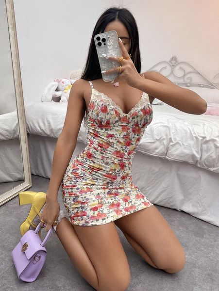 

floral print contrast lace cami dress r9j9#, Black;gray