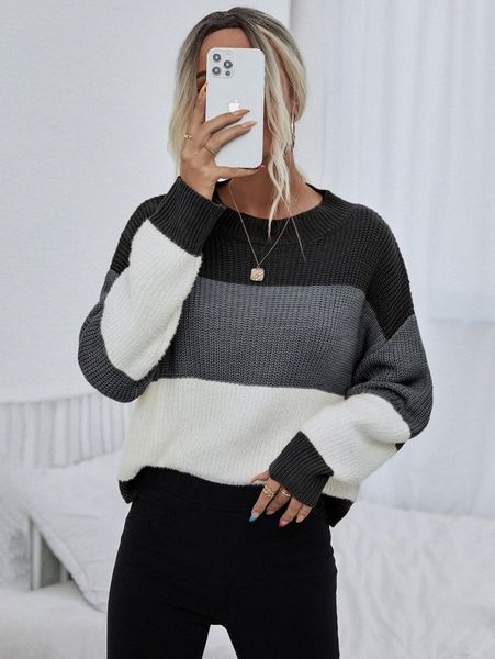 

color block drop shoulder sweater 87ga#, White;black