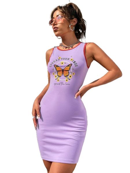 

butterfly & sunflower print contrast binding bodycon dress q8we#, Black;gray