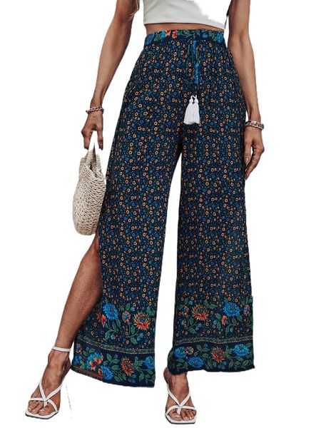 

ditsy floral print tassel tie slit hem wide leg pants x9bs#, Black;white