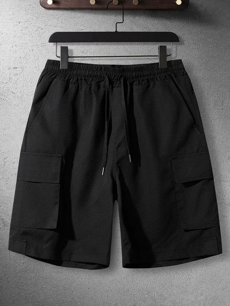 

men flap pocket drawstring waist solid shorts p28q#, White;black