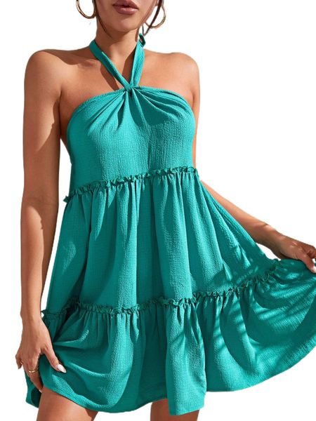 

tie backless frill trim halter dress d0mn#, Black;gray