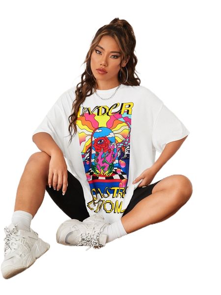 

x emmiliana floral & letter graphic drop shoulder tee m011#, White