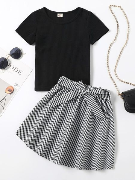 

toddler girls ribbed knit tee & gingham belted skirt she, White