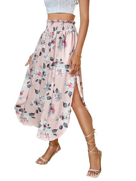 

floral print split thigh curved hem skirt j5v6#, Black
