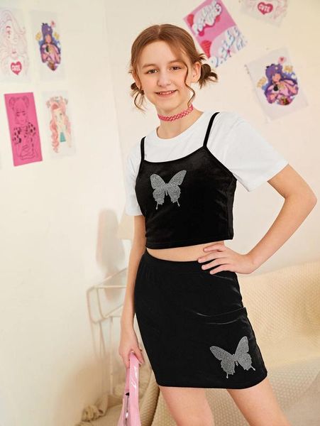 

teen girls butterfly velvet crop cami & skirt she, White
