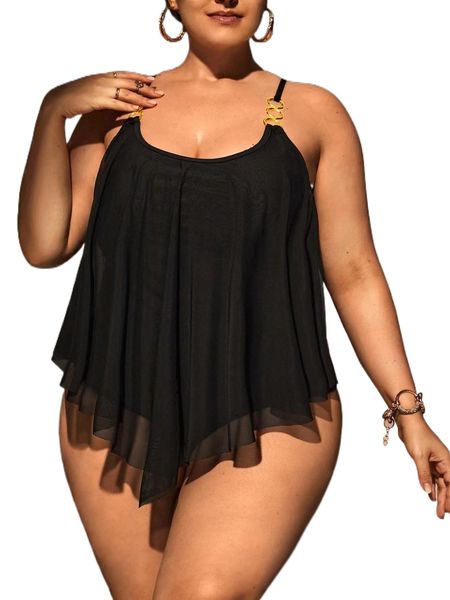 

plus flowy ruffle trim chain detail one piece swimsuit 49td#, White;black