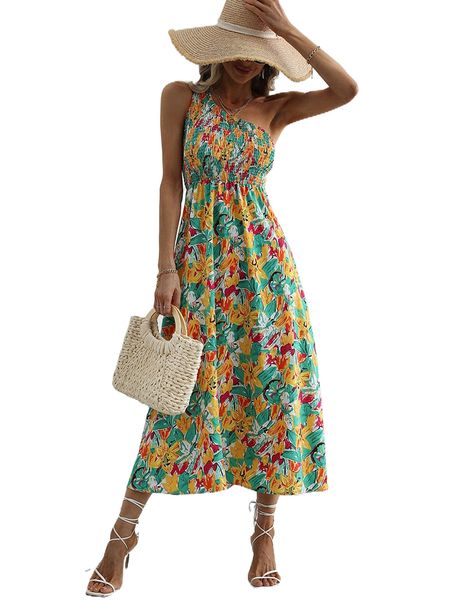 

allover floral print shirred one shoulder dress z46s#, Black;gray