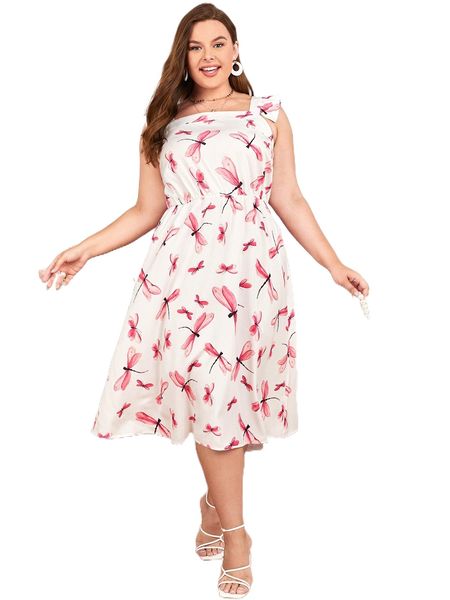 

plus dragonfly print ruffle straps dress q1g7#, Black