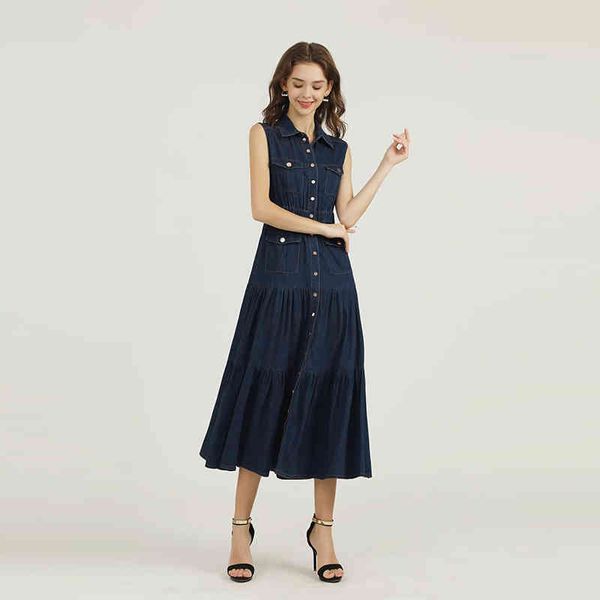 

casual dresses early spring dark blue denim single breasted elastic waist casual temperament thin high street dress, Black;gray