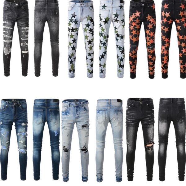 

2022 mens designer jeans distressed ripped biker slim fit motorcycle bikers denim for men fashion mans hip hop pants, Blue